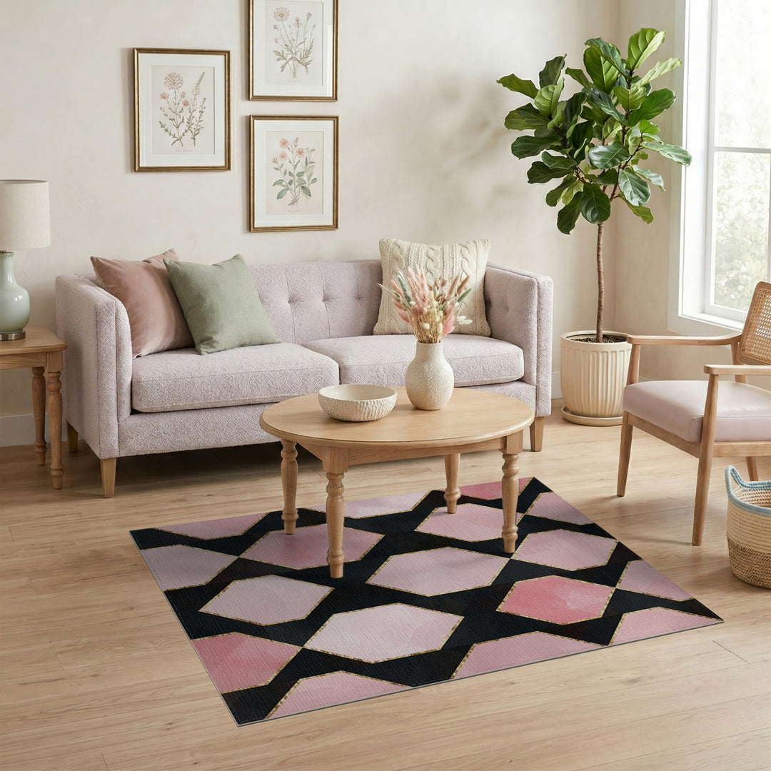 Pink Geometric Diamond Area Rug with Gold Accents
