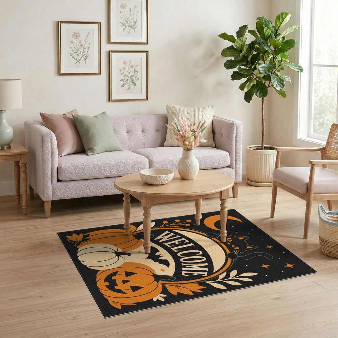Halloween Welcome Black Cat Pumpkin Area Rug