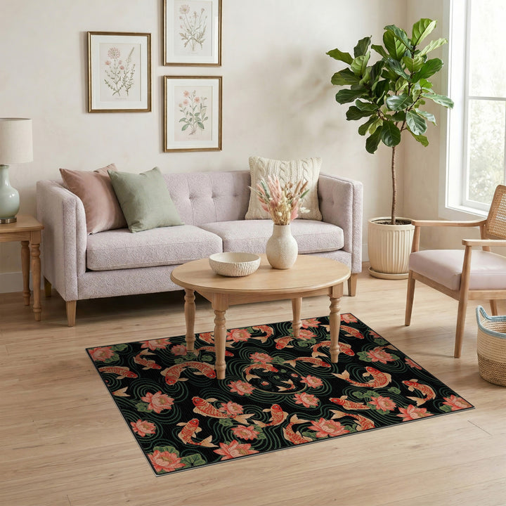 Koi Fish Lotus Black Area Rug