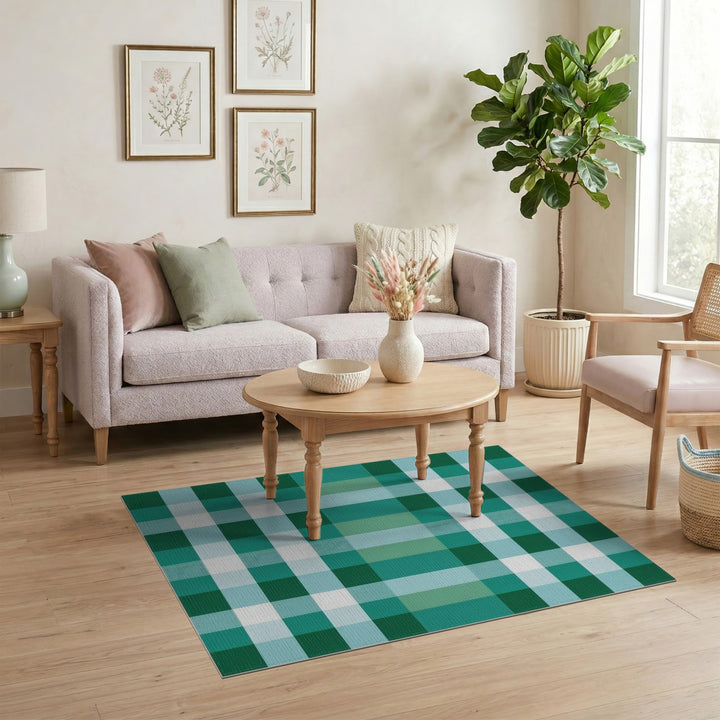 Green Checkered Washable Geometric Modern Area Rug