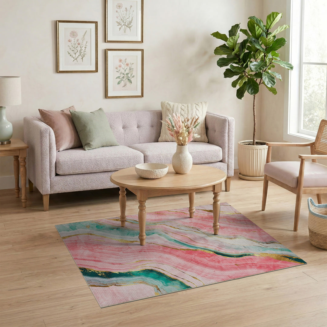 Pink Marble Gold Teal Abstract Area Rug