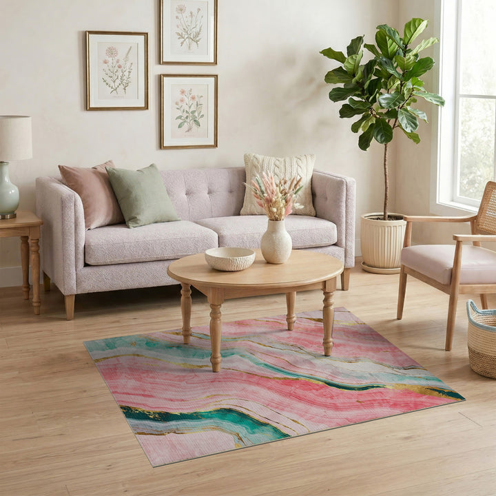 Pink Marble Gold Teal Abstract Area Rug
