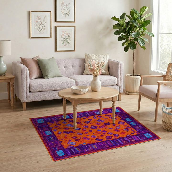 Orange Retro Tech Washable Area Rug