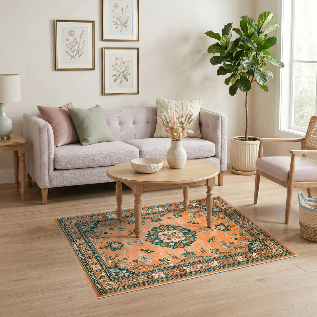 Orange Floral Vintage Medallion Area Rug