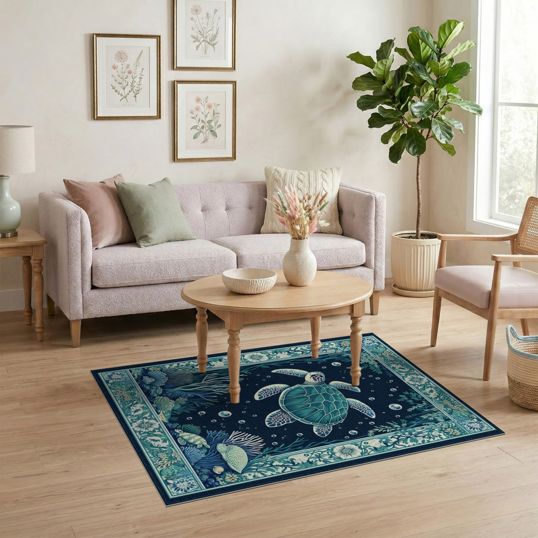 Blue Teal Sea Turtle Coastal Area Rug