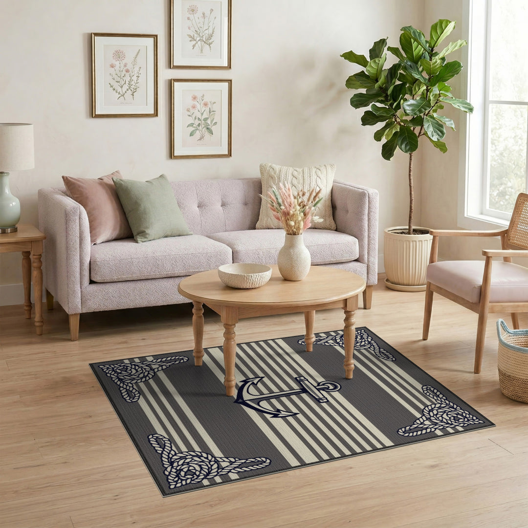 Grey Striped Nautical Anchor Area Rug