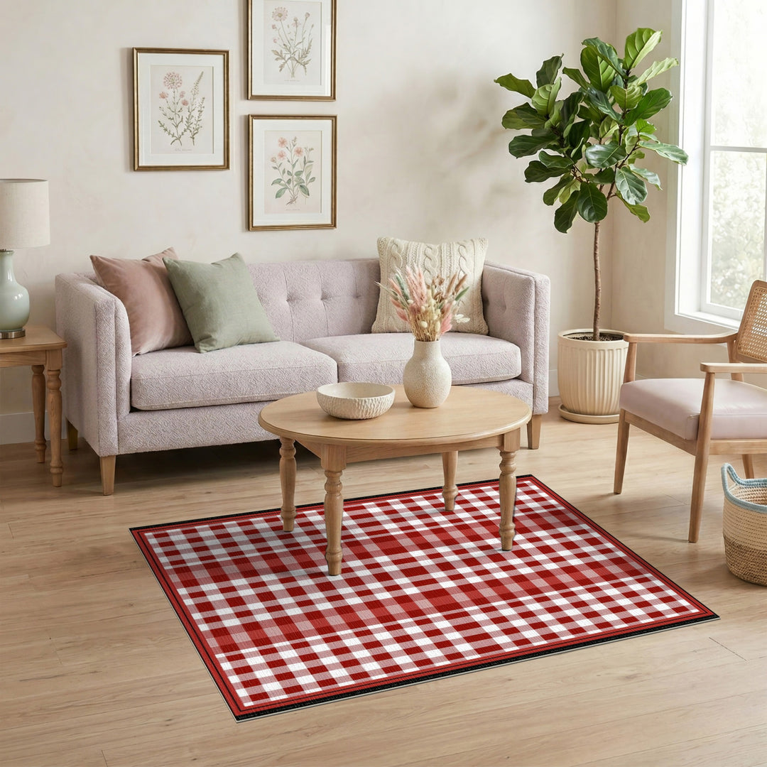 Rustic Farmhouse Red Gingham Checkered Area Rug