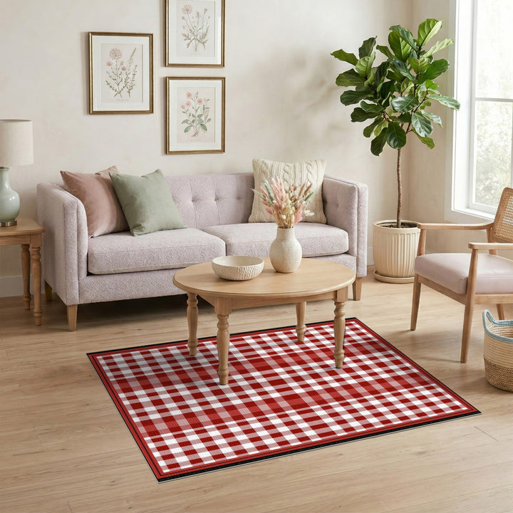 Rustic Farmhouse Red Gingham Checkered Area Rug
