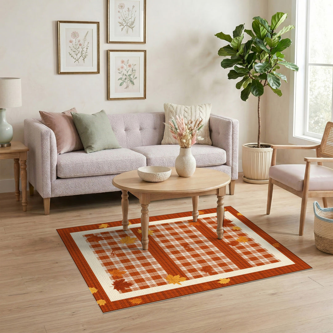 Orange Plaid Maple Leaf Area Rug