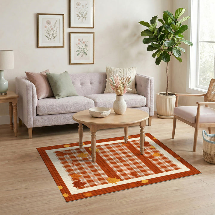 Orange Plaid Maple Leaf Area Rug