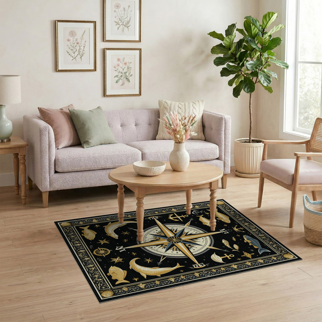 Nautical Gold Compass Area Rug