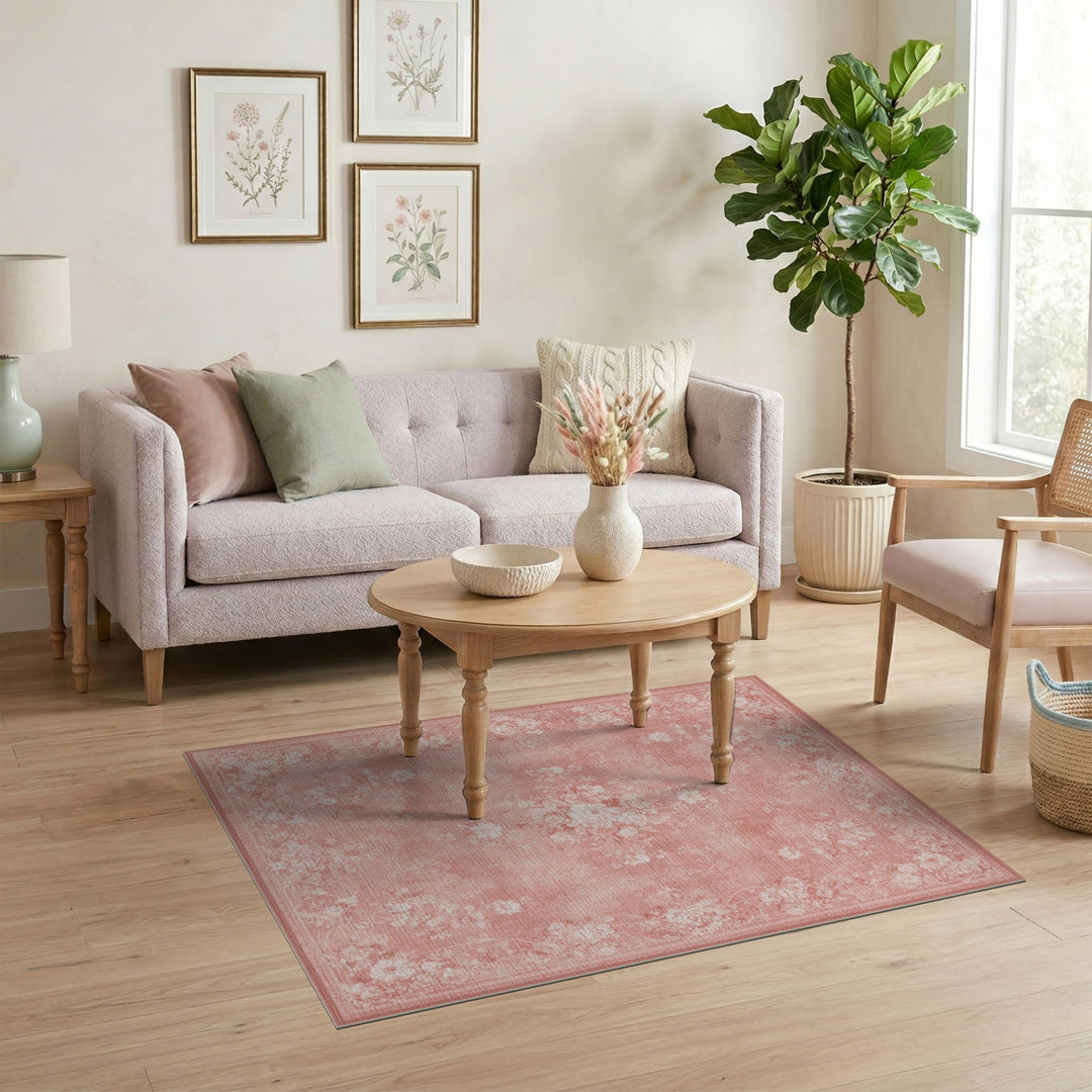 Pink Floral Vintage Washable Area Rug