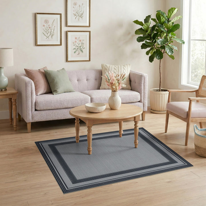 Black White Geometric Border Rug