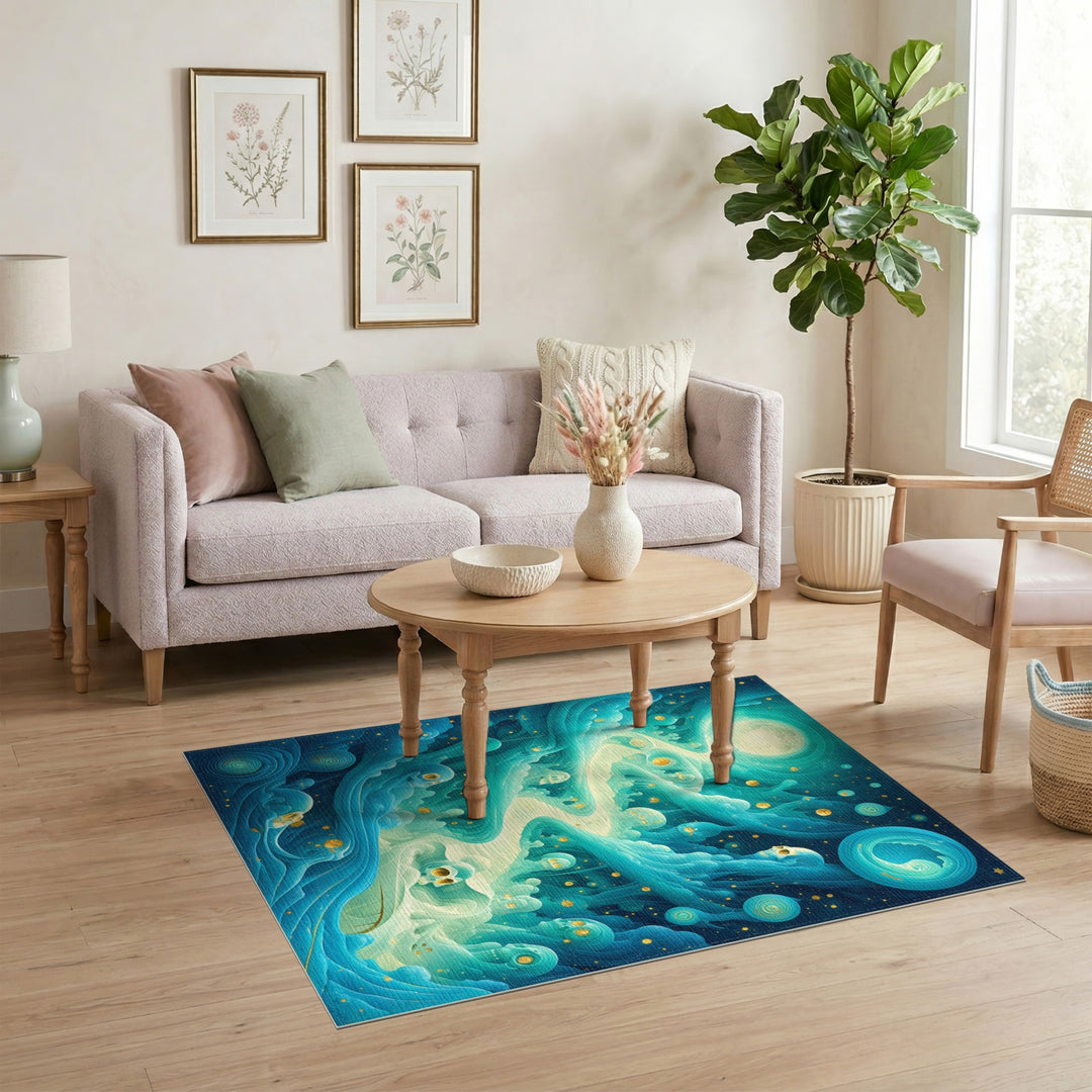 Mystic Skull Wave Blue Teal Area Rug