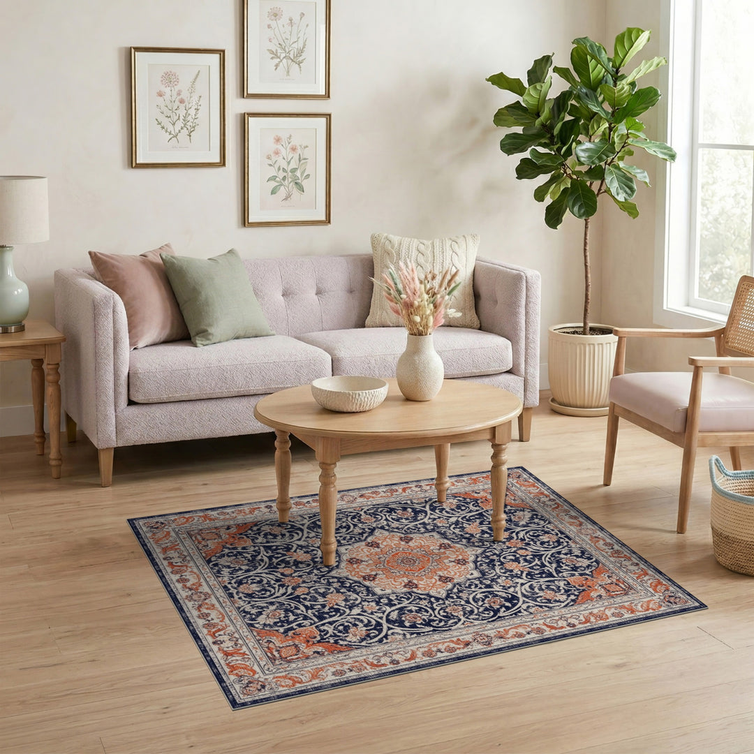 Navy Blue Orange Persian Medallion Traditional Persian Area Rug