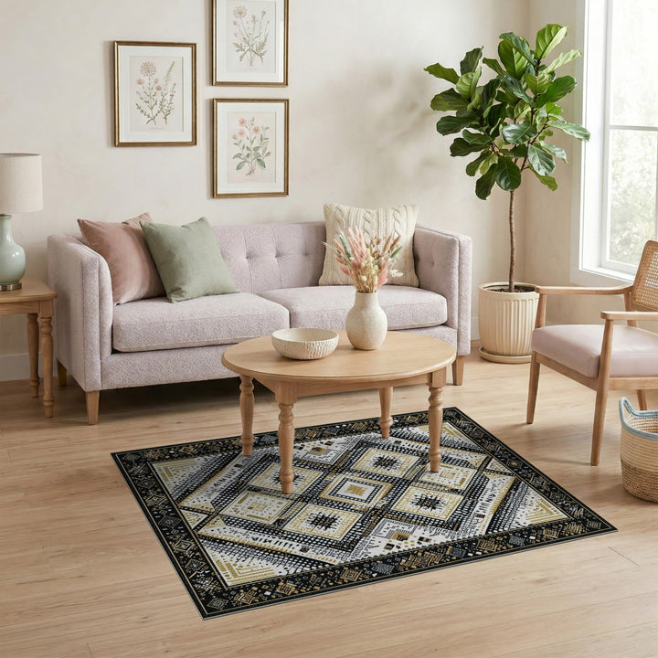 Black and White Black Gold Geometric Diamond Area Rug