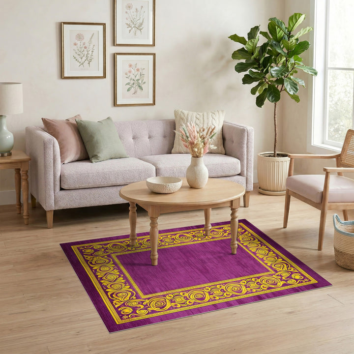 Purple Floral Vintage Area Rug with Yellow Border
