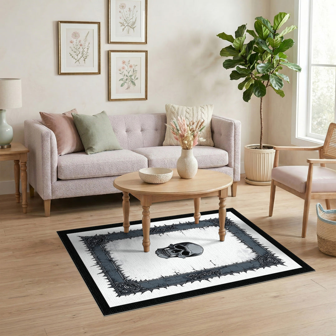 Black White Skull Frame Distressed Rug
