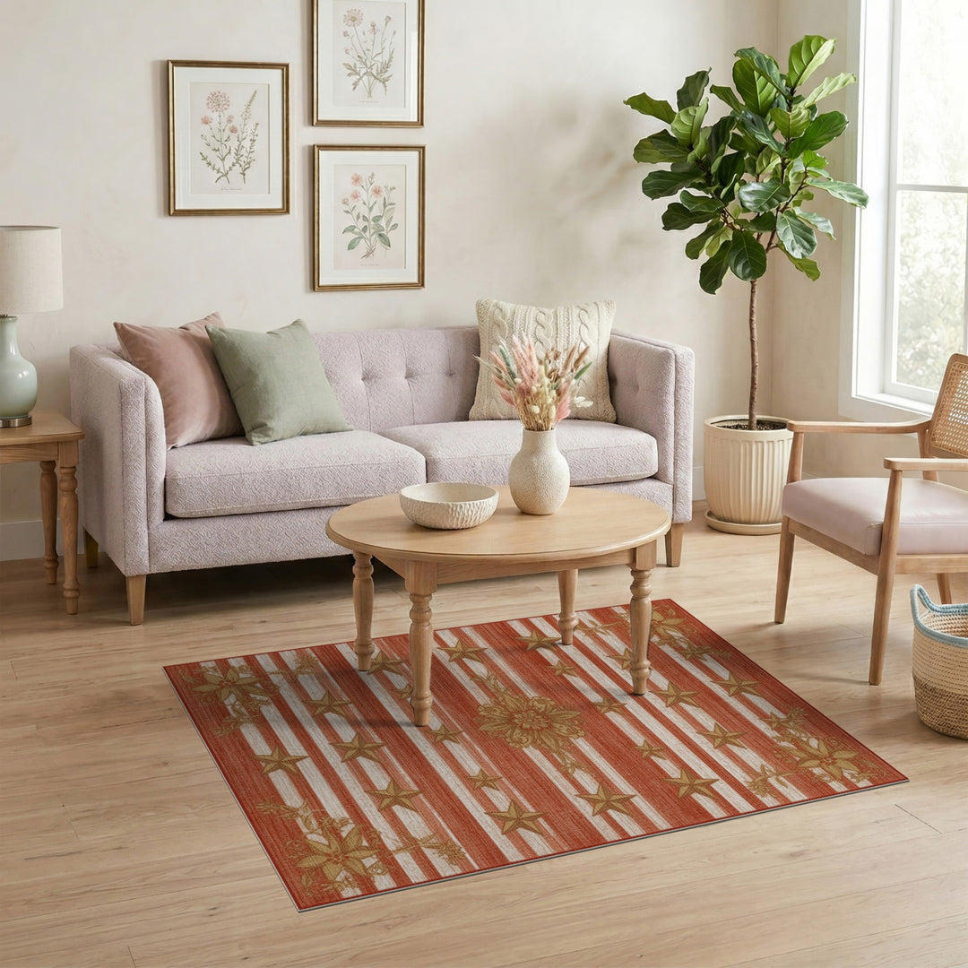 Red Striped Gold Star Floral Area Rug