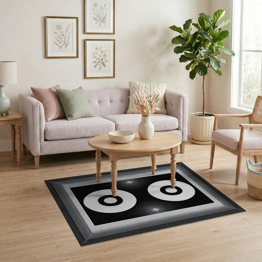 Black White Double Circle Geometric Area Rug