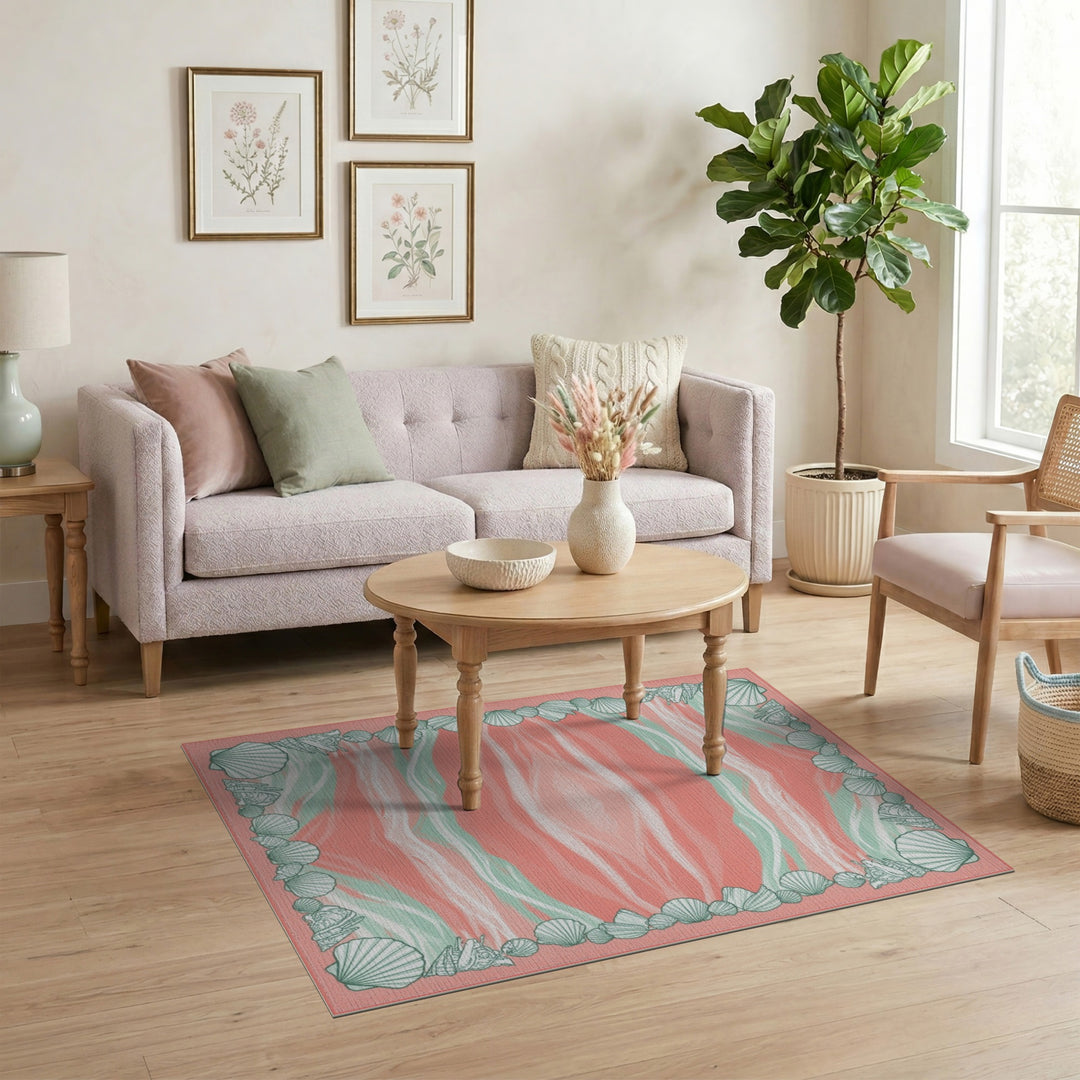 Pink Seashell Border Coastal Area Rug