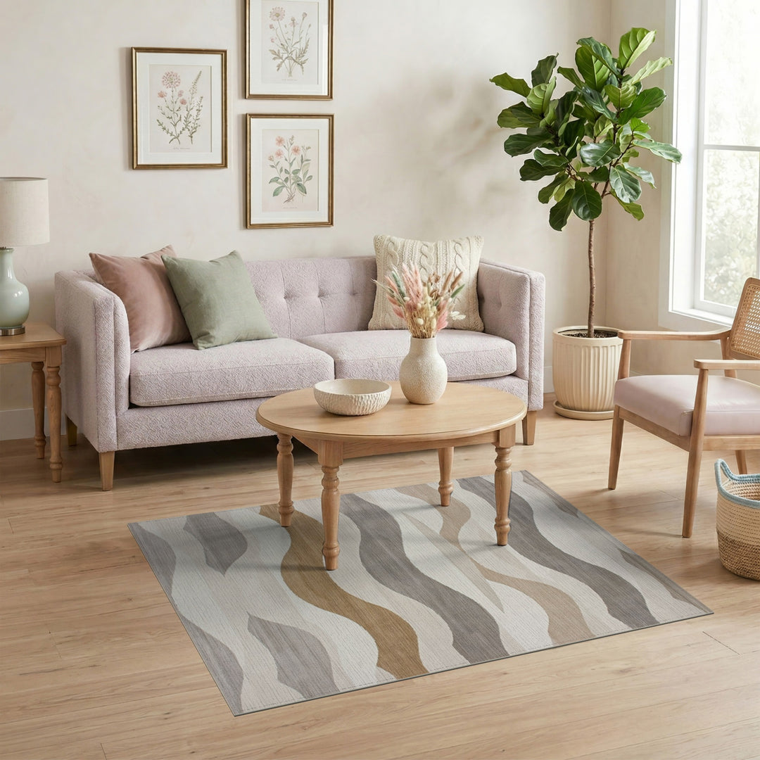 Beige and Neutral Layered Wave Beige Neutral Area Rug