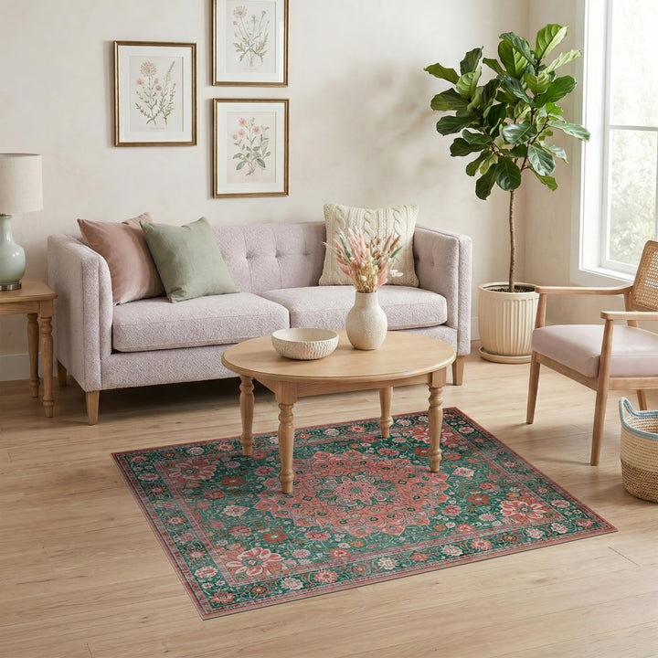 Green Floral Vintage Area Rug