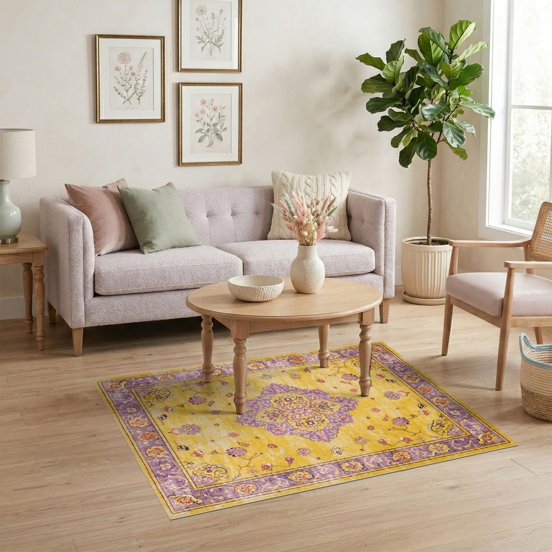 Golden Yellow Persian Medallion Floral Rug