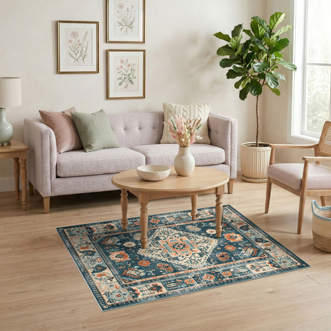 Distressed Vintage Blue Teal Floral Area Rug
