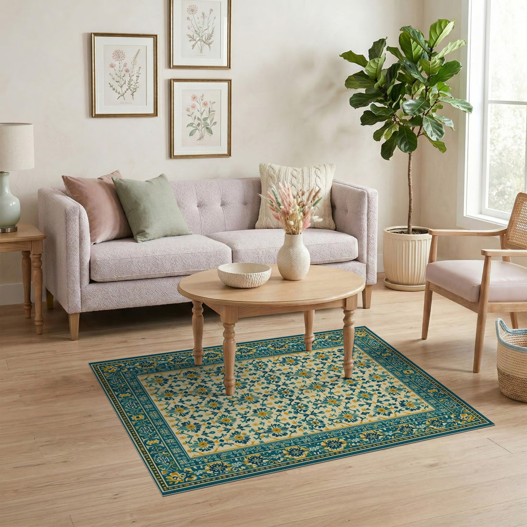 Teal Floral Vintage Area Rug