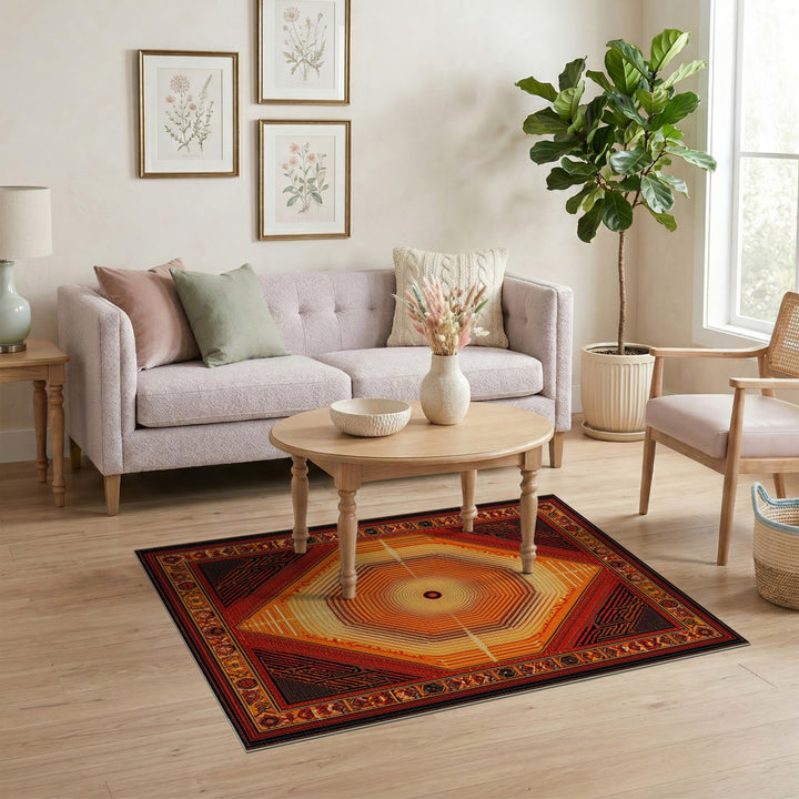 Radiant Orange Geometric Tribal Area Rug
