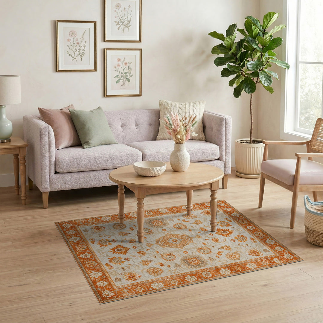 Orange Floral Vintage Area Rug