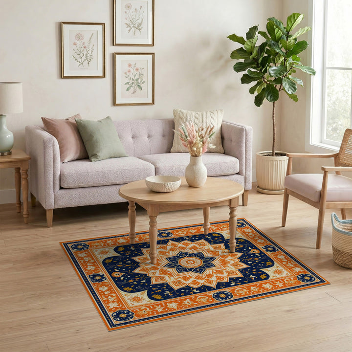 Orange Floral Mandala Navy Area Rug