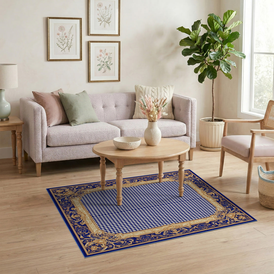 Blue Houndstooth Gold Border Area Rug