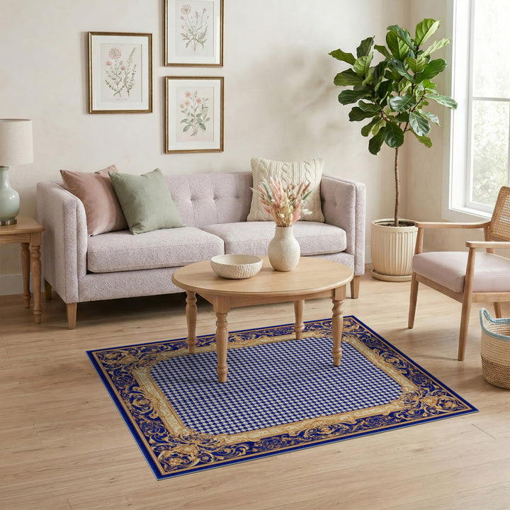 Blue Houndstooth Gold Border Area Rug