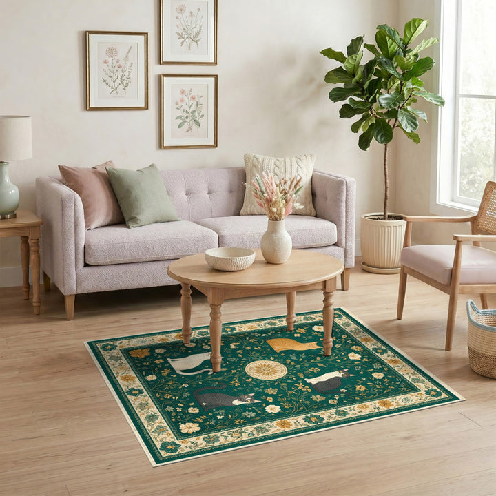 Green Vintage Floral Cats Area Rug