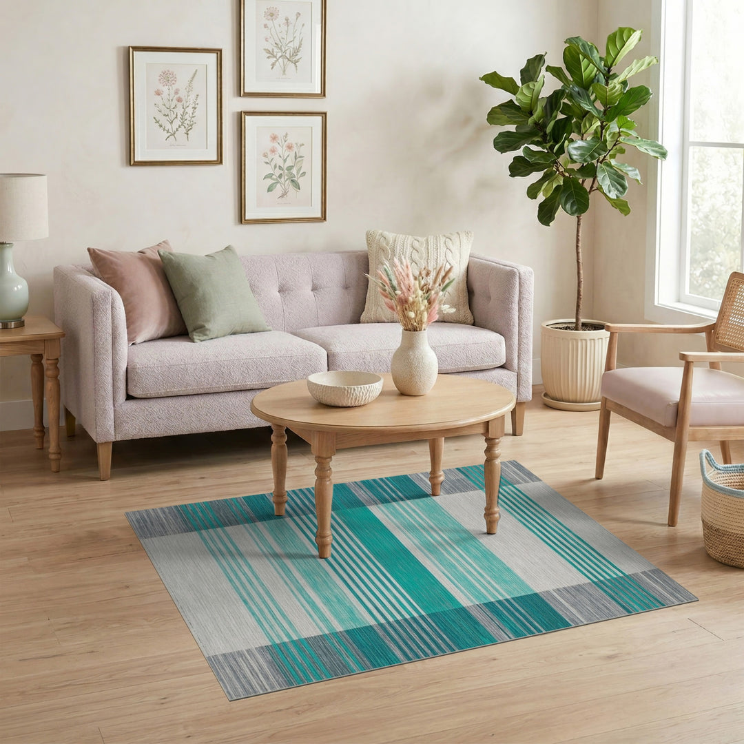 Geometric Modern Teal Striped Geometric Area Rug