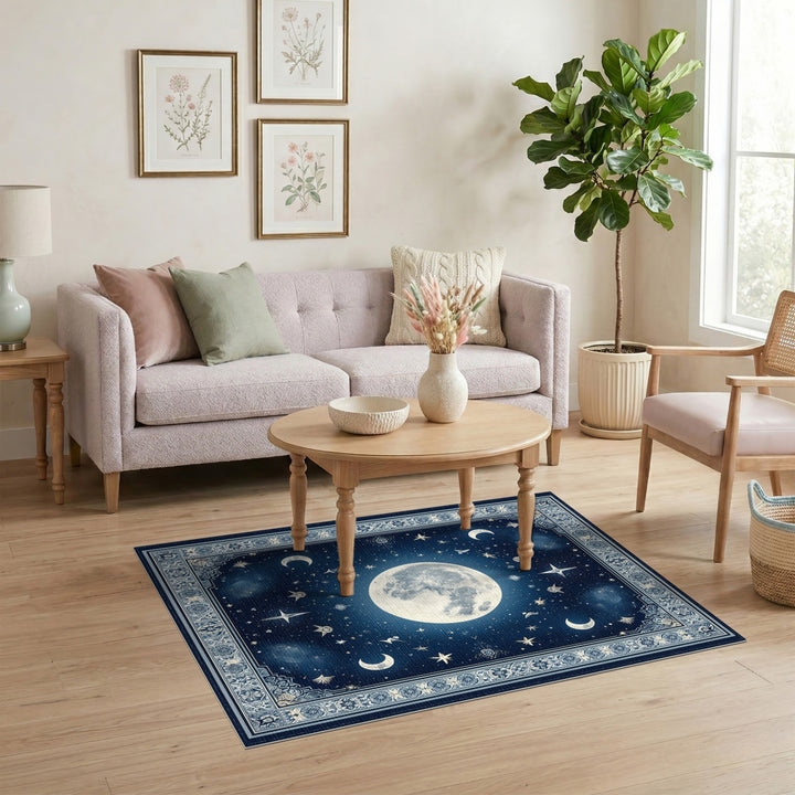 Vintage Blue Celestial Moon Area Rug