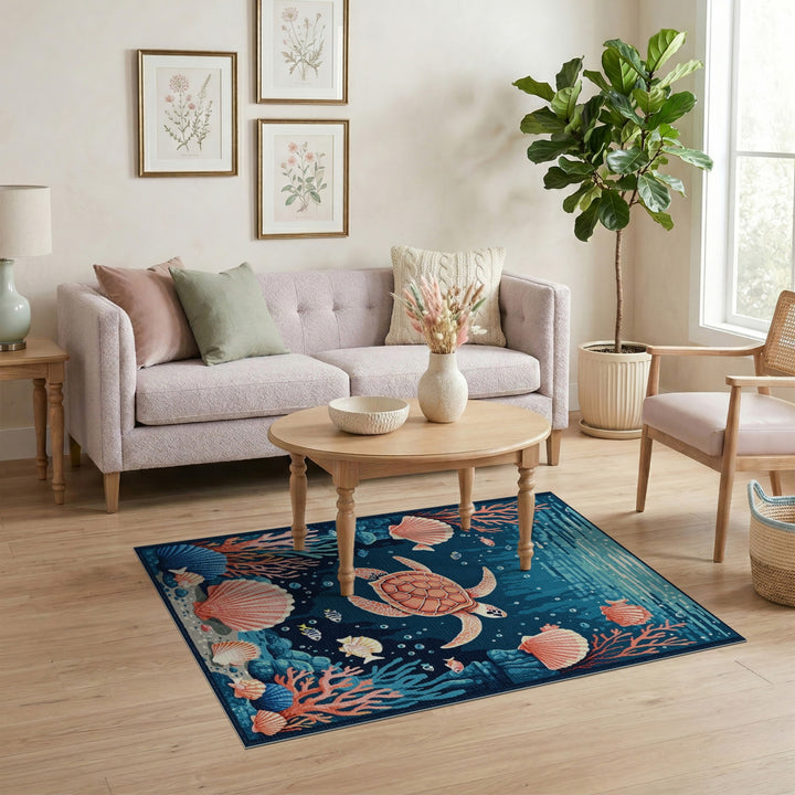 Sea Turtle Coral Washable Area Rug