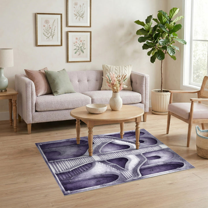 Purple Ornate Staircase Distressed Rug