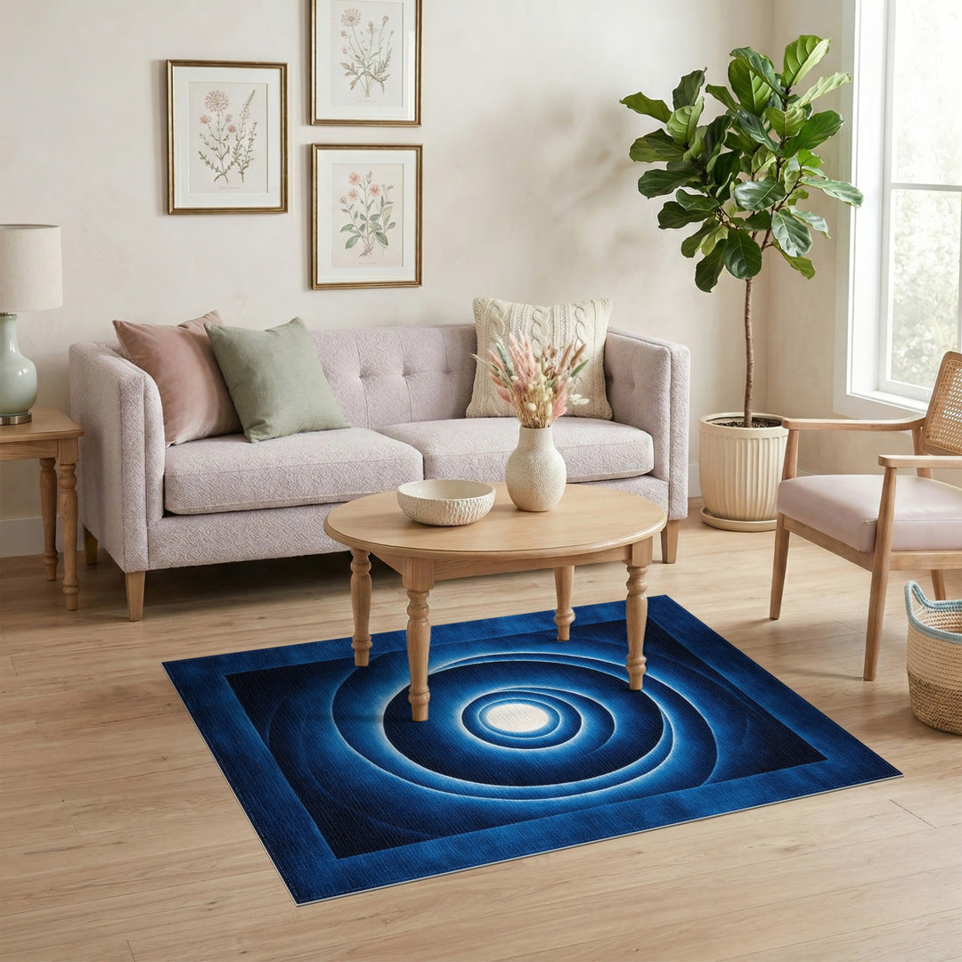 Blue and Teal Blue Concentric Circles Geometric Area Rug
