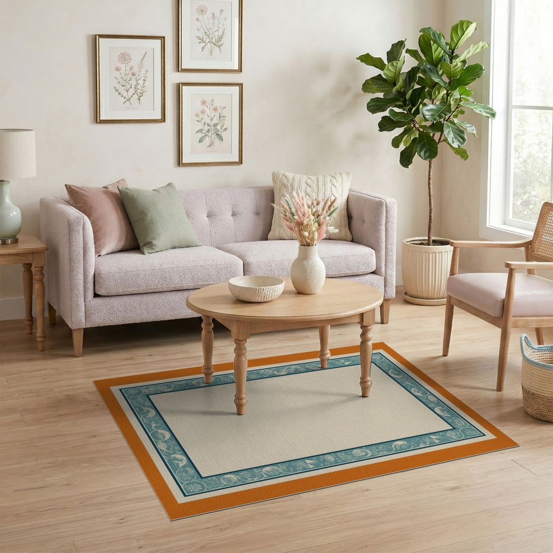 Coastal Teal Sailboat Border Area Rug