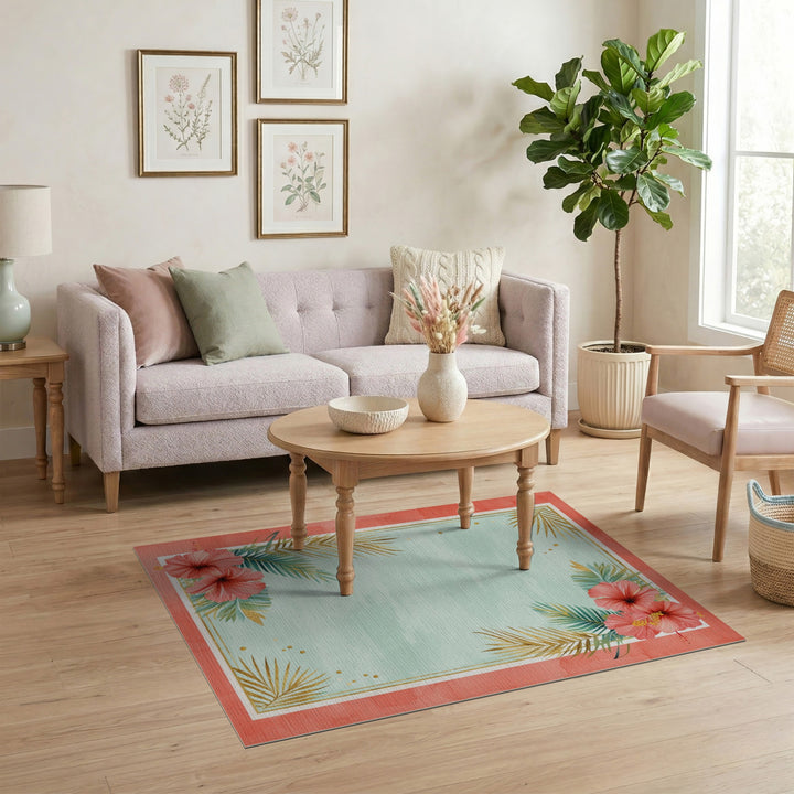 Coral Hibiscus Gold Palm Washable Area Rug