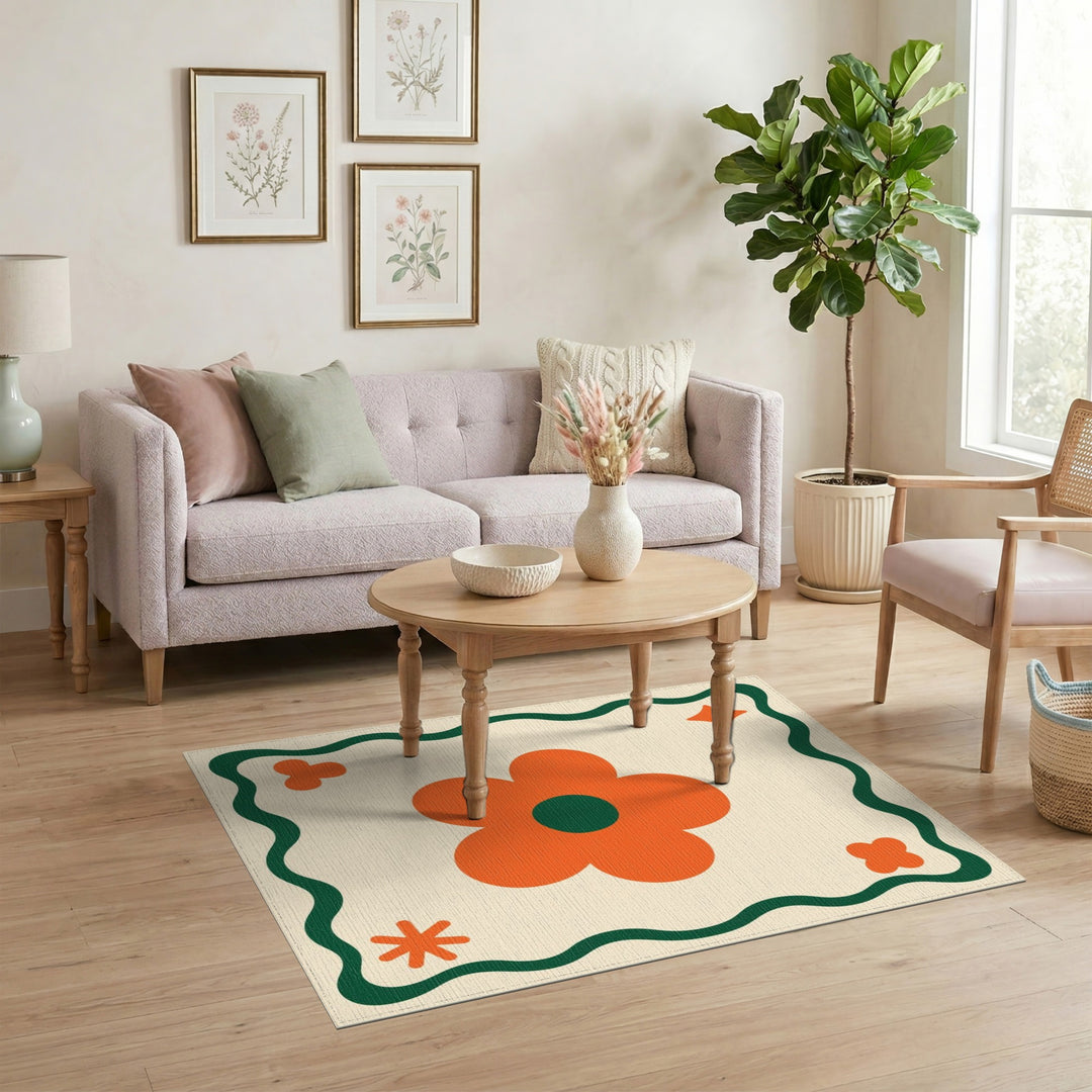 Beige Orange Daisy Floral Area Rug