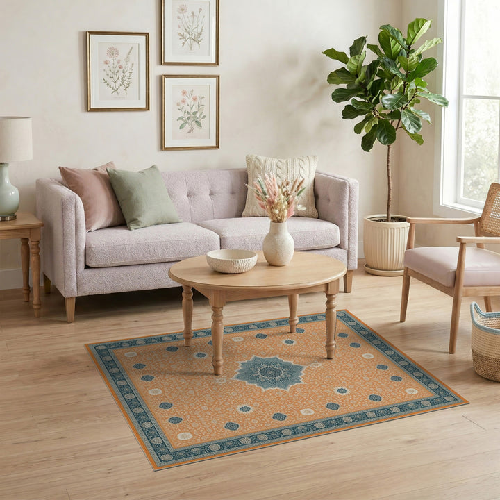 Orange Teal Medallion Traditional Persian Area Rug