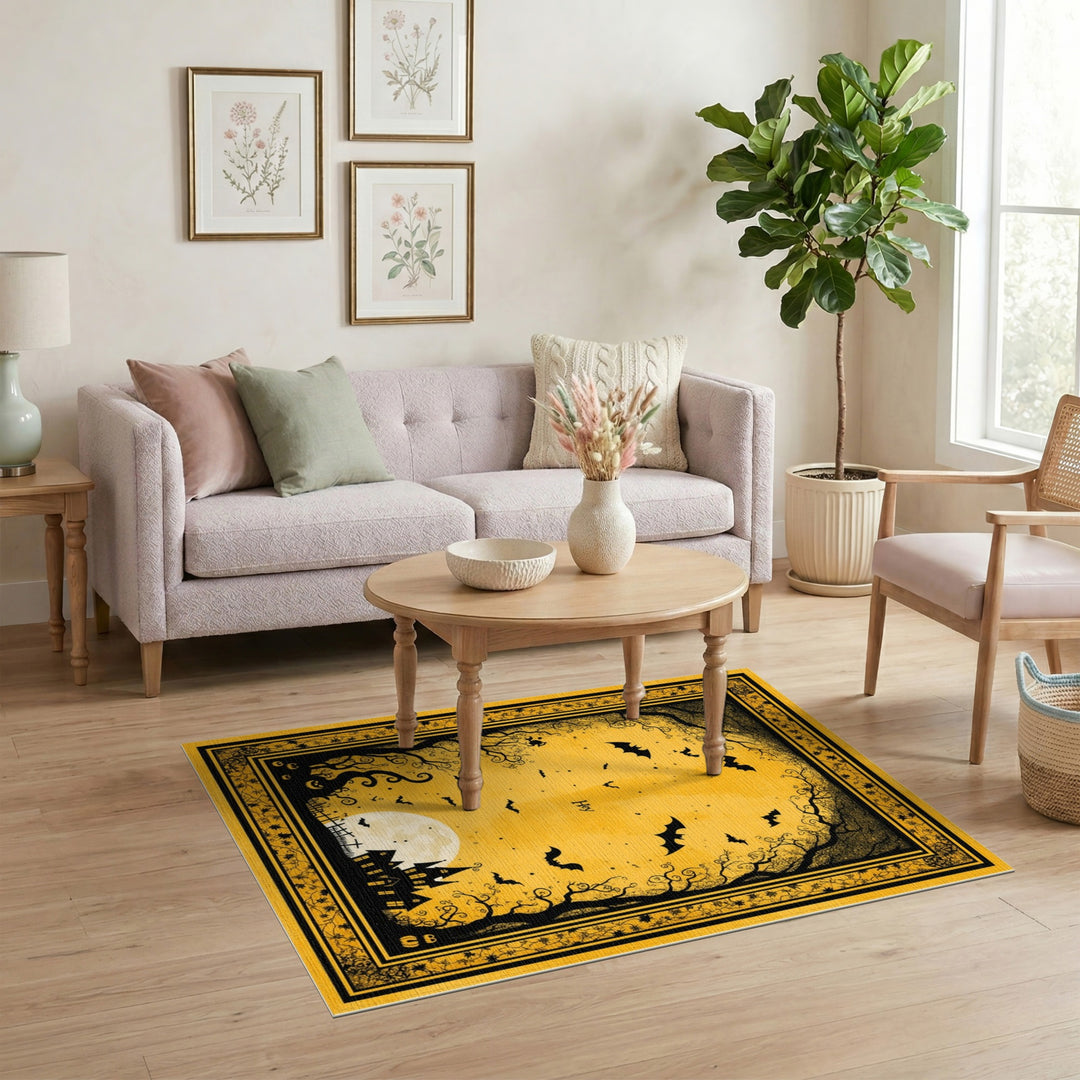 Yellow Halloween Haunted House Kids Cartoon Area Rug