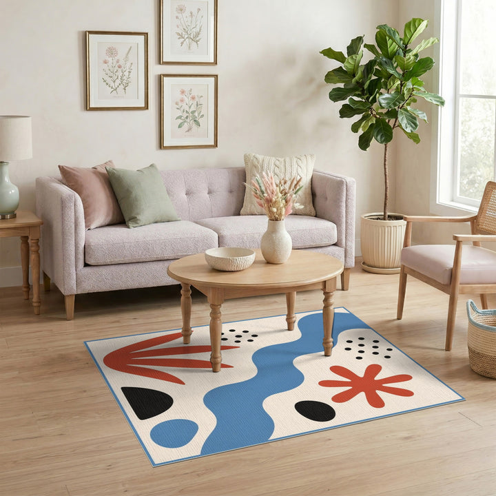 Blue Abstract Area Rug with Red Accents