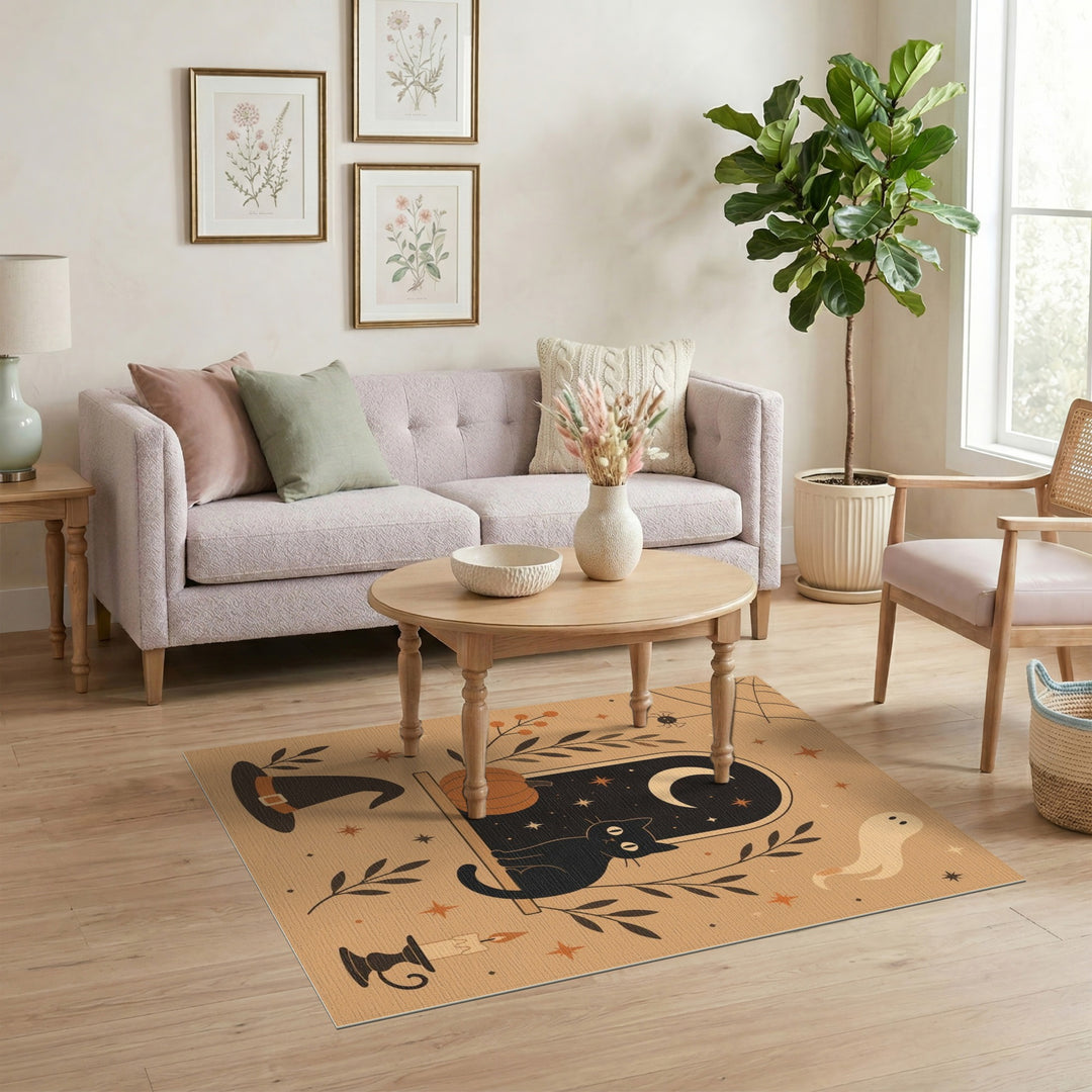 Brown and Tan Halloween Black Cat Pumpkin Area Rug