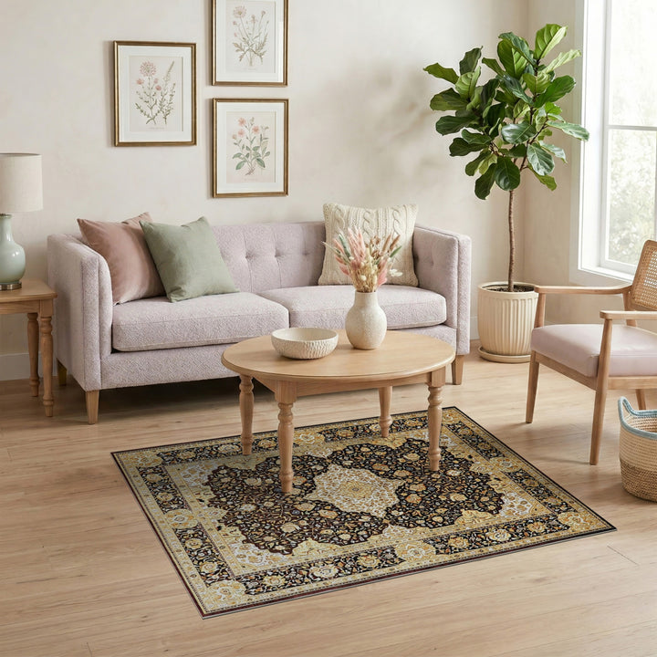 Black Ivory Persian Floral Medallion Rug