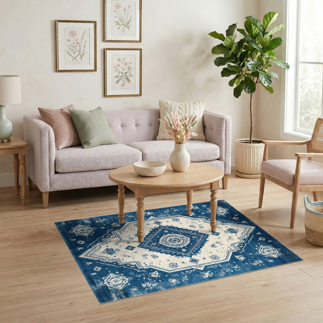 Blue and Teal Blue Distressed Vintage Area Rug
